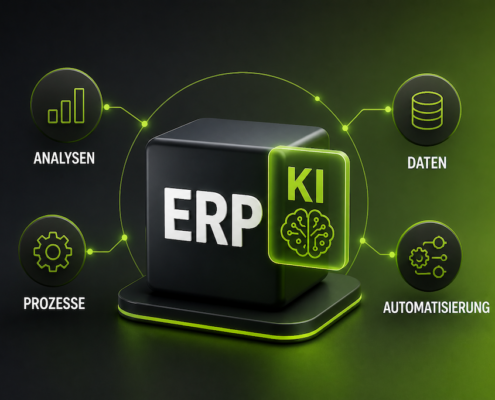 Im Zentrum des Bildes steht ein ein 3D-Würfel mit der Aufschrift „ERP“ . Leicht angedockt ein Element mit „KI“. Drumherum stehen die Begriffe: Daten, Analysen, Automatisierung, Prozesse